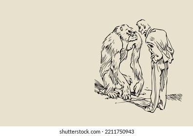 Vector image - man and gorilla looking at each other