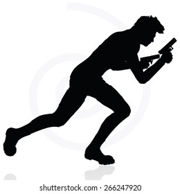 Vector Image - man with a gun pointing silhouette isolated on white background