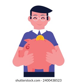 Imagen vectorial de un hombre con un banco de cerdos y monedas encima, que representa el concepto de ahorro