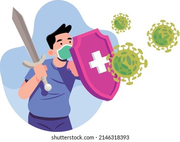 vector image, a man holding a sword and shield to stop the virus