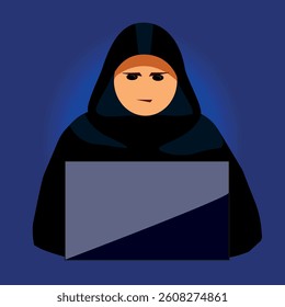 Vector image of a man in a hoodie sitting at a notebook on a blue background. Vector illustration EPS 10