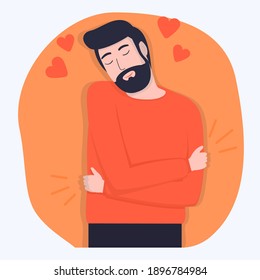 Vector image of a man hugging himself. Self-love and care for yourself and your body. A happy person who loves himself.