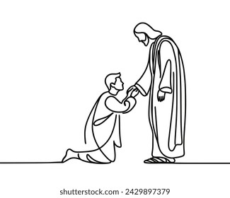 Vector image of a man kneeling before Jesus, in a linear style, on a white background.