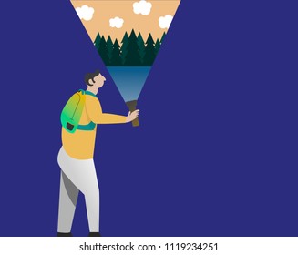 Vector image of a man lighting a flashlight his fantasies.