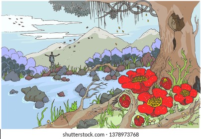 Vector image of man (male traveler) standing with open arms, image of Rafflesia flower fore ground, image of pristine river in the tropical forest.