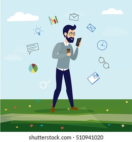 Vector image man with mobile phone with business icons on blue background