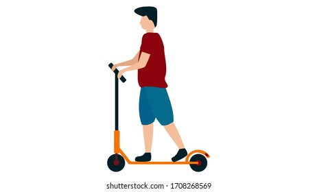 Vector image of a man on an electric kick scooter. Actively spending time outdoors.
