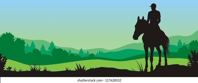 Vector image of man on horse against a background of landscape