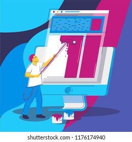 vector image of a man, paints a website with paint, building a web page