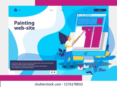 vector image of a man, paints a website with paint, building a web page.The main landing page of the website