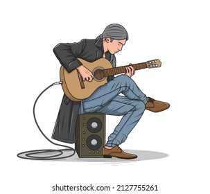 vector image of a man playing acoustic guitar, isolated on white background