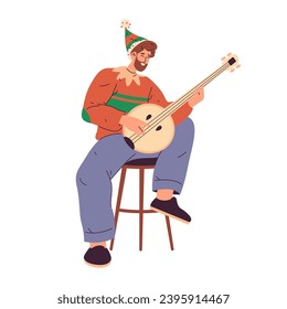 Vector image of man playing banjo. Character musician playing folk melody. Winter holiday concert or performance. Cartoon illustration for merry Christmas or New Year. Christmas carols or xmas music.