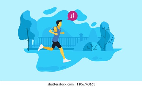 Vector image of a man running in the Park, listening to music during sports