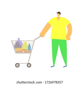 Imagen vectorial. Hombre con una canasta de compras. Compras