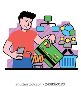 vector image with the man shows how to shop and pay for them online