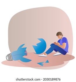 Vector image of a man sitting by a broken light bulb. For the design of websites, applications and wallpapers.