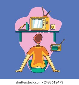  vector image of a man sitting and watching television