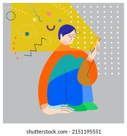 
Vector image, a man with a smartphone watches interesting content.