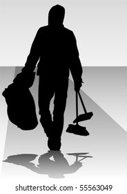 Vector image of man, sweeping leaves. Silhouette of work people