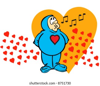 vector image of man whistling music while surrounded by hearts