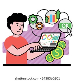 vector image with a man who demonstrates on the laptop digital technology