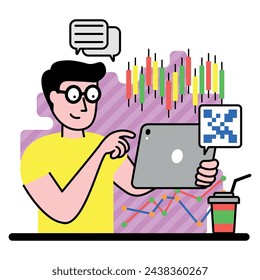 vector image with a man who explores business trends and new methods