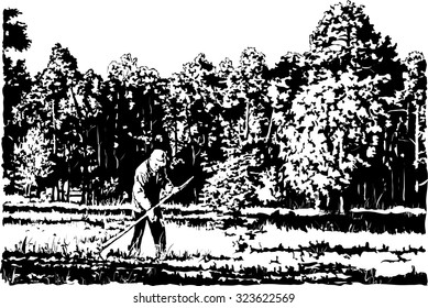 Vector image of the man who mows grass manual scythe