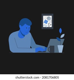 Vector image of a man who works at a computer, isolated image in blue tones on a black background