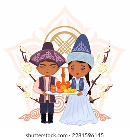 Vector image of a man and a woman in Kazakh national costumes, a holiday card for Nauryz. Flowers, treats, ornament