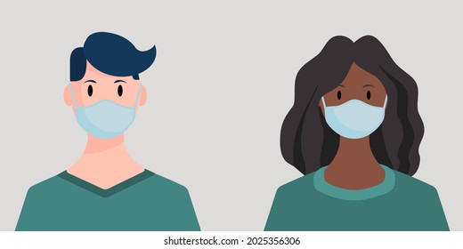 Vector image of a man and a woman in protective masks