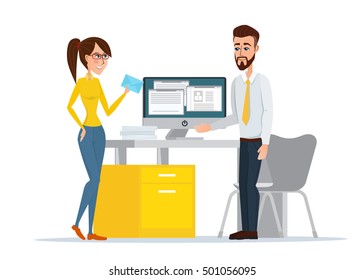 Vector image of the man and woman at their working place. Beautiful woman brings post. Vector illustration isolated on white background in flat style.