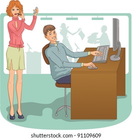 Vector image of the man and woman at their working place. Young man looks incidentally at the pretty woman who is making up with lipstick just near him