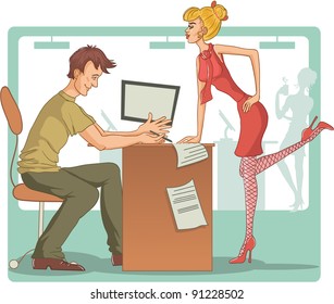 Vector image of the man and woman at their working place. Beautiful woman tries to draw attention of a young man