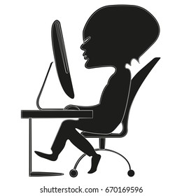 Vector image of a man working on a computer. Boy studying. Work in the office.