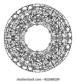 vector image of a mandala, made in the form of black-and-white drawing in the style neyrografiki. Adult coloring sheet.