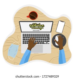 vector image of manual lettering on the topic of distance learning using a laptop and online platform