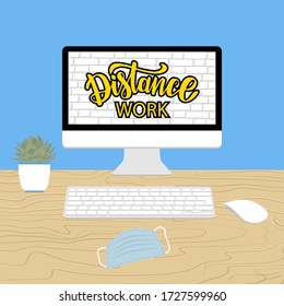 vector image of manual lettering on the topic of distance learning using a computer and online platform