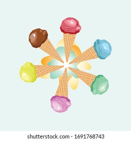 Vector image Many color ice cream
Red,Blue,Yellow,Green,Chocolate color,pink,With a cone at the bottom,Black ground illustration 