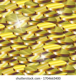 Vector image of many gold coins. Seamless background for wallpaper, textile and wrapping paper.