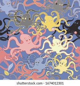 Vector image of many multicolored cartoon octopuses on a blue background. Seamless pattern for wallpaper, design and textile.