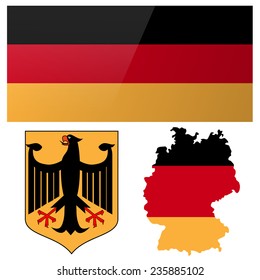 Vector image of map, flag and coat of arms of Germany isolated on white