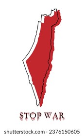 Vector image of a map of Israel in red color. Conflict between Israel and Palestine. The inscription "Stop war"