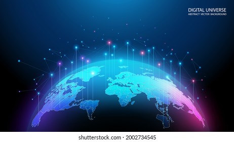 Vector image. Map of the planet. World map. Global social network. Future. Blue futuristic background with planet Earth. Internet and technology. Floating blue plexus geometric background.  