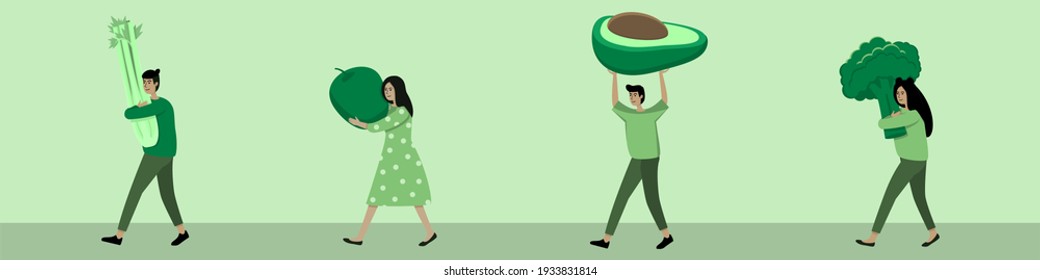 Vector image of the march of people who choose healthy food. People walk in one direction and carry green vegetables and fruits in their hands. Monochrome eco illustration in green.