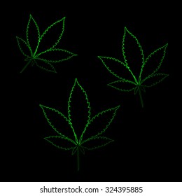 Vector image of Marijuana leaves in abstract art style, neon