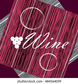 Vector image with marks of wine bottles on pink and gray backgrounds withs signs and grapes logo. Wine list