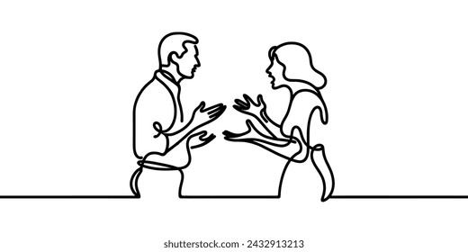 Vector image of a married couple that quarrels, drawn with one line.