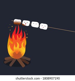 Vector image of a marshmallow that is fried on a fire. Marshmallows experience different emotions depending on their location above the fire.