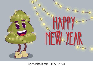 Vector image. Сharacter, mascot of spruce, expressed emotions. Card or poster to holiday, new year 2020, christmas. The inscription "happy new year" is decorated with garland, lights, handwritten font