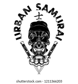 Vector image mask Samurai in dark glasses and knitted cap against the background of brass knuckles and switchblades. Inscription - urban samurai. Hieroglyph - Samurai. Illustrations for t shirt print.